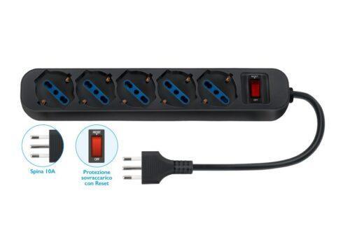 Multipresa con Interrut. di Protez. - 5 Schuko - Spina 10A - Nero
